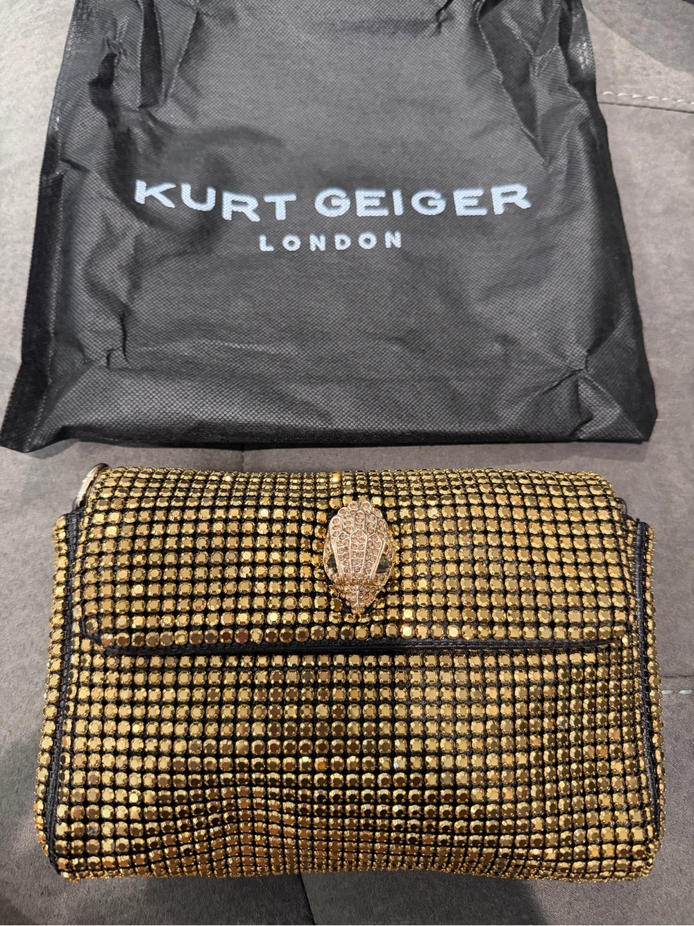 New Kurt Geiger Gold Crystal-Embellished Evening Clutch 8.5 inch by 5.5ich